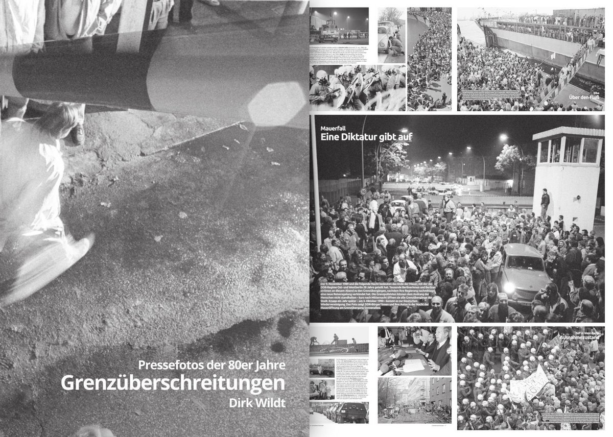 Katalog Grenzüberschreitungen mit fünf Doppelseiten-Beispielen: Anti-Atomkraftbewegung, Flüchtlinge, Mauerfall, Hambruger Hafenstarße und IWF-Demo in Berlin