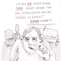 Nicht mehr lange, dann klebt sich der nette Mann aus der Karikatur auf Asphaltstraßen mit Sekundenkleber fest – da bin ich ganz sicher. Karikatur von Til Mete